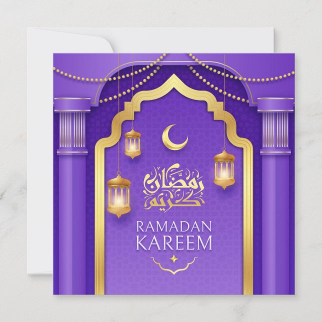 Cartão De Festividades Happy Ramadan Mubarak Dourado Crescent Purple (Frente)