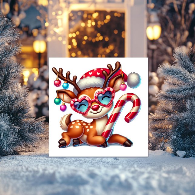 Cartão De Festividades Happy Reindeer Relaxando com Candy Cane (Criador carregado)