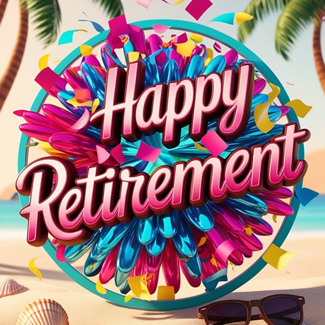 Cartão De Festividades Happy Retirement  (A vibrant beach scene unfolds, showcasing a colorful retirement celebration.)
