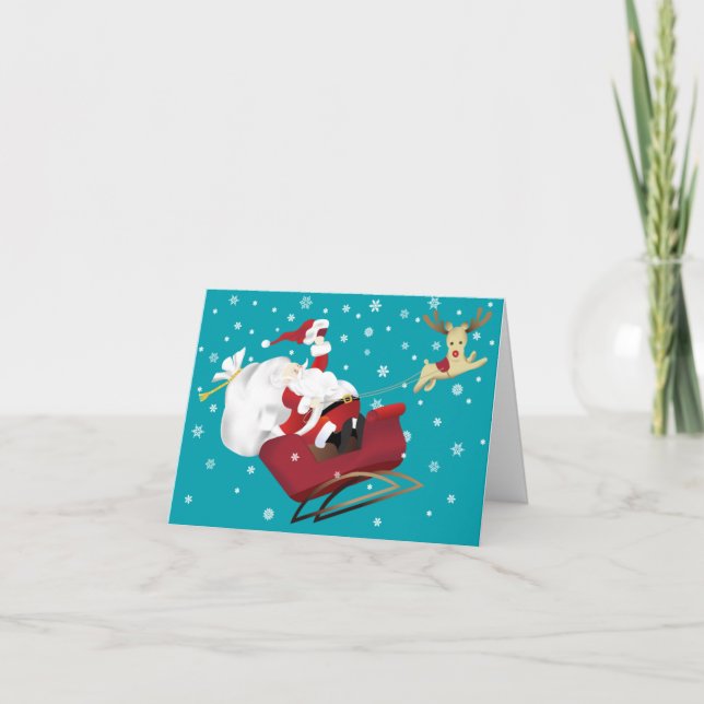 Cartão De Festividades Happy Santa and Reindeer Christmas Greeting Card (Frente)