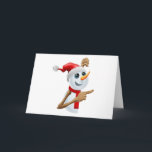 Cartão De Festividades Happy snowman in Santa hat pointing<br><div class="desc">Happy cartoon snowman in a red Santa hat and scarf pointing</div>