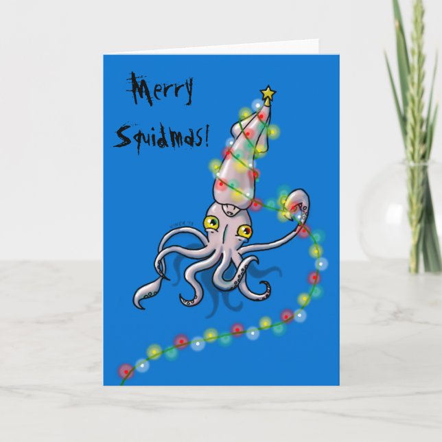 Cartão De Festividades Happy squid with Christmas lights (Frente)