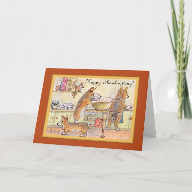 Cartão De Festividades Happy Thanksgiving, corgi family baking (Frente)