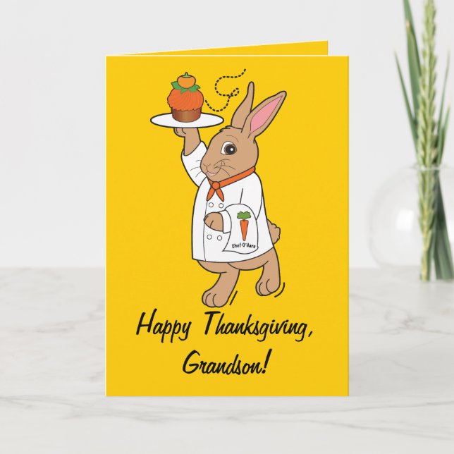 Cartão De Festividades Happy Thanksgiving Grandson Bunny and Cupcake (Frente)