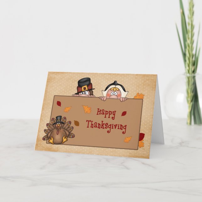 Cartão De Festividades Happy Thanksgiving, Pilgrims, Turkey Greeting Card (Frente)