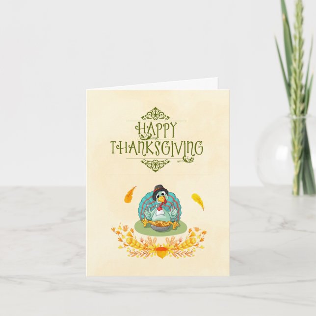 Cartão De Festividades Happy Thanksgiving Turkey Eating Pumpkin Pie (Frente)