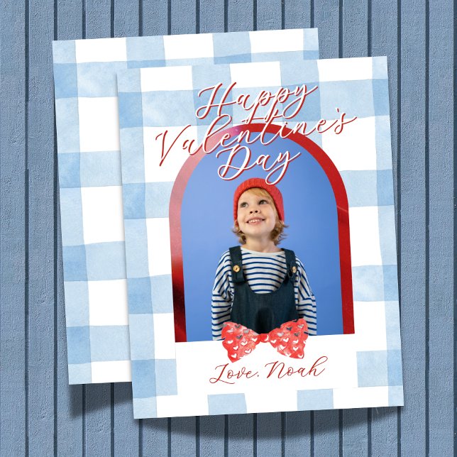Cartão De Festividades Happy Valentine's Day Arch Photo Blue Gingham Card (Send heart day greetings with this Happy Valentine's Day Arch Photo Blue Gingham Holiday Card! )