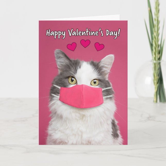 Cartão De Festividades Happy Valentine's Day Cute Kitty Cat in Face Mask (Frente)