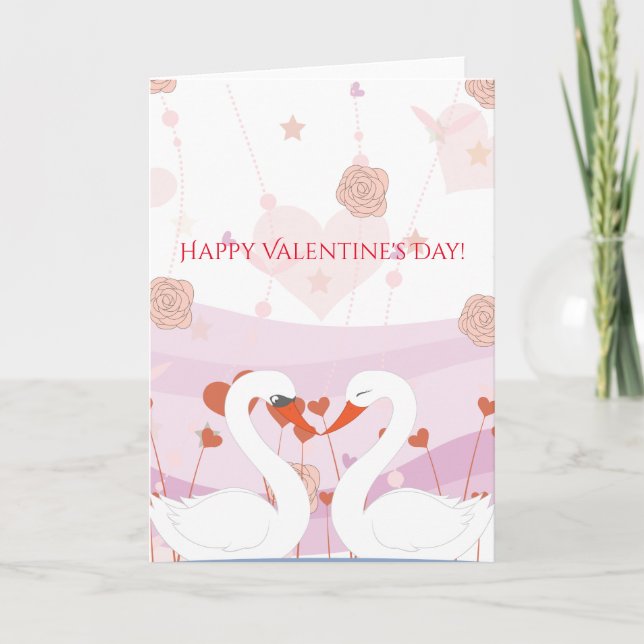Cartão De Festividades Happy Valentine's Day Cute Romantic Swans Roses (Frente)