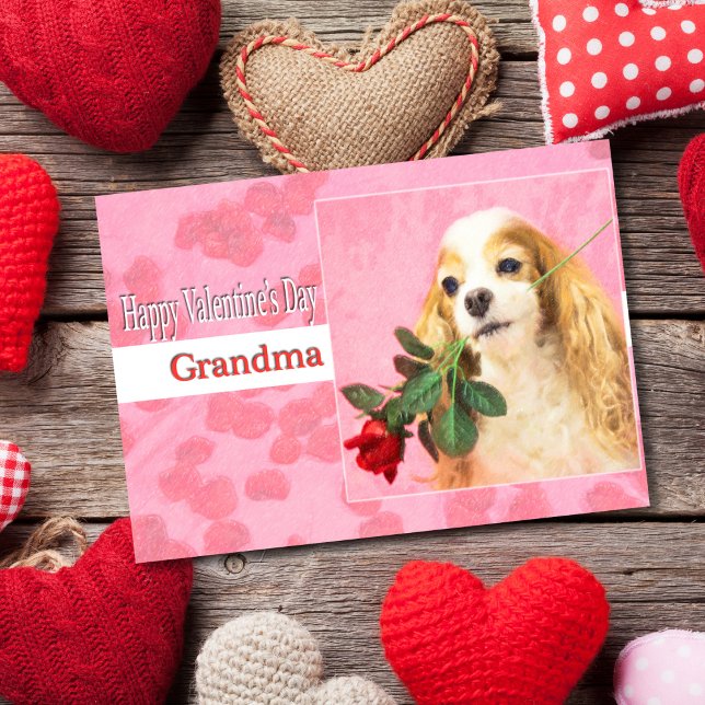 Cartão De Festividades Happy Valentine's Day Grandma With Dog And Rose (Criador carregado)