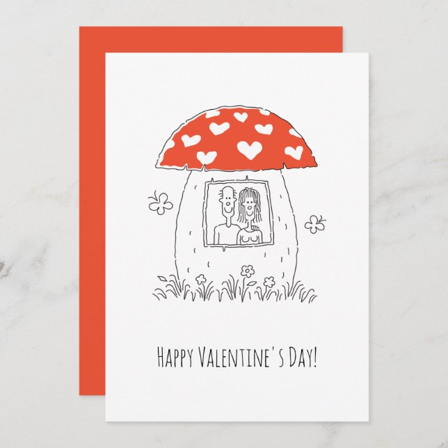 Cartão De Festividades Happy Valentine's Day Red Heart Mushroom Lovers (Frente/Verso)