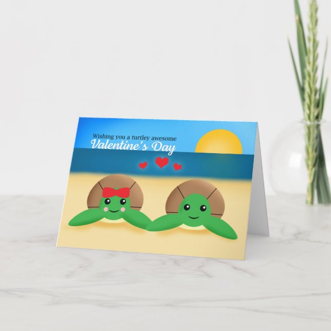 Cartão De Festividades Happy Valentine's Day Sea Turtles on the Beach (Frente)