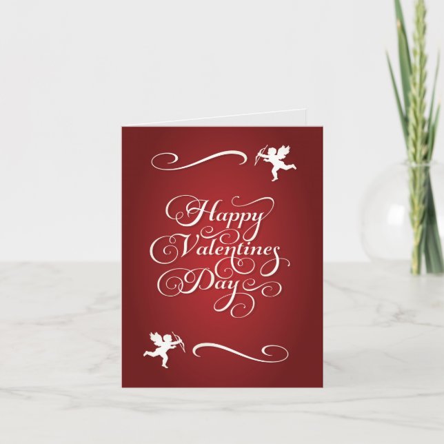 Cartão De Festividades Happy Valentines With Cupid & Script Des & White (Frente)