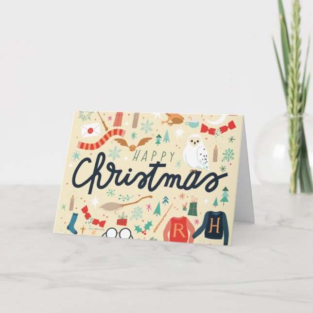 Cartão De Festividades Harry Potter | Feliz Natal Com Ícones Festivos (Frente)