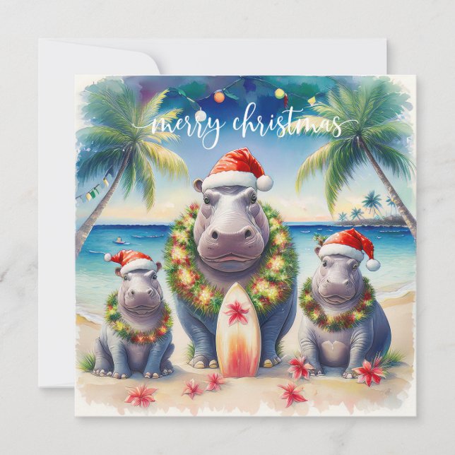 Cartão De Festividades Hawaii Hippo celebrating Christmas at the beach  (Frente)