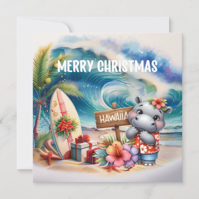 Cartão De Festividades Hawaii Hippo celebrating Christmas at the beach  (Frente)