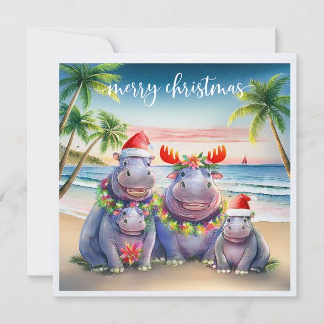 Cartão De Festividades Hawaii Hippo celebrating Christmas at the beach  (Frente)