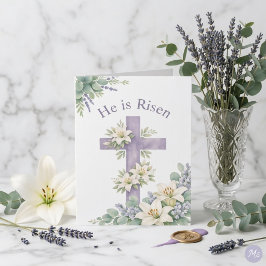 Cartão De Festividades He is Risen Easter 2026 Religious Floral Cross