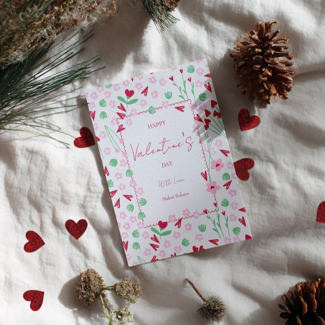 Cartão De Festividades Heart Bloom Meadow on White – Pink & Red Valentine (Criador carregado)