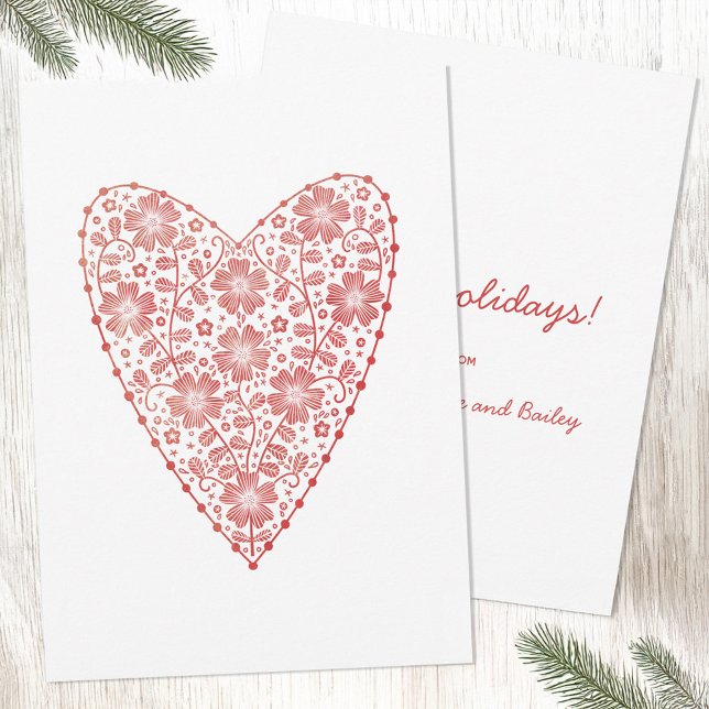 Cartão De Festividades Heart Scandinavian Red Winter Holiday (Scandinavian folk art heart red and white holiday card)