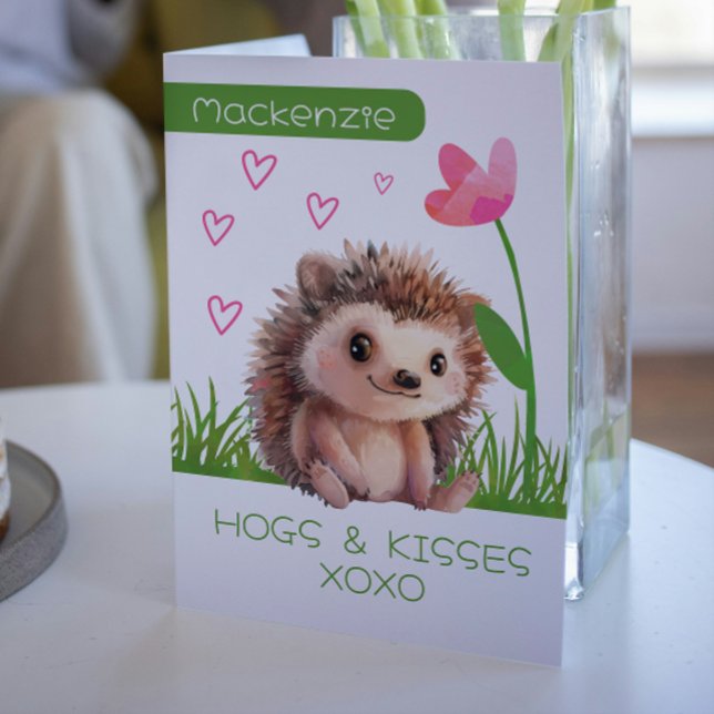Cartão De Festividades Hedgehog Hoges e Kisses Namorados personalizados (Hedgehog Hugs personalized Valentines Holiday Card by Ricaso. Hogs and Kisses cute hedgehog cards)