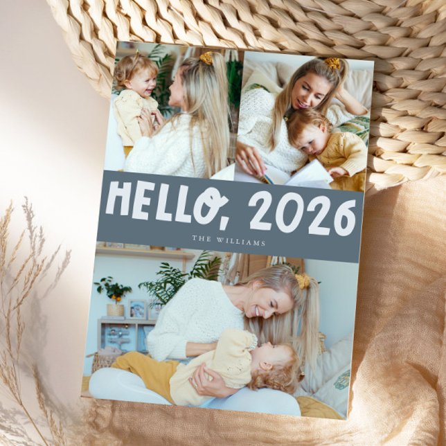 Cartão De Festividades Hello 2026 Typography Slate Blue Photo (Criador carregado)