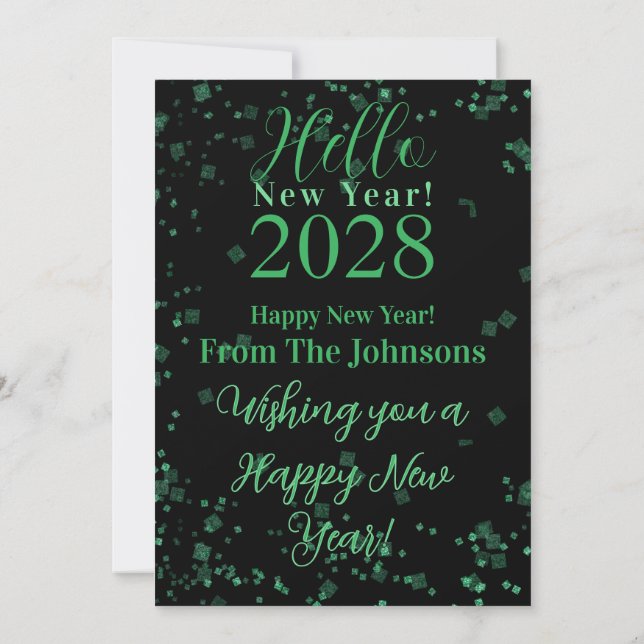 Cartão De Festividades Hello New Year! Happy New Year Green Black Sparkle (Verso)