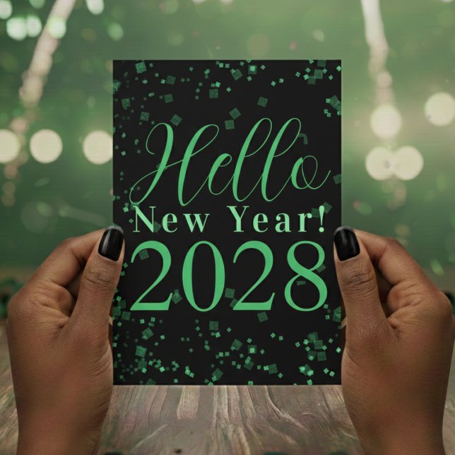 Cartão De Festividades Hello New Year! Happy New Year Green Black Sparkle (Criador carregado)