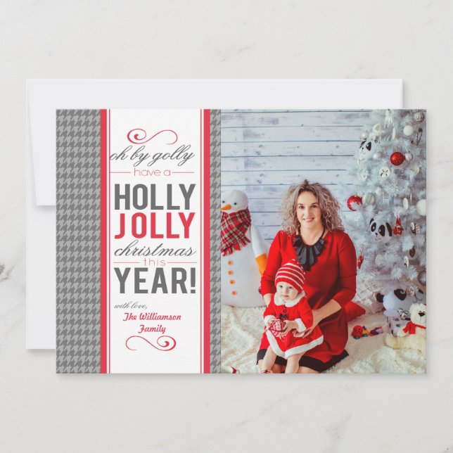 Cartão De Festividades Herringbone Holly Jolly Natal Personalizável (Frente)