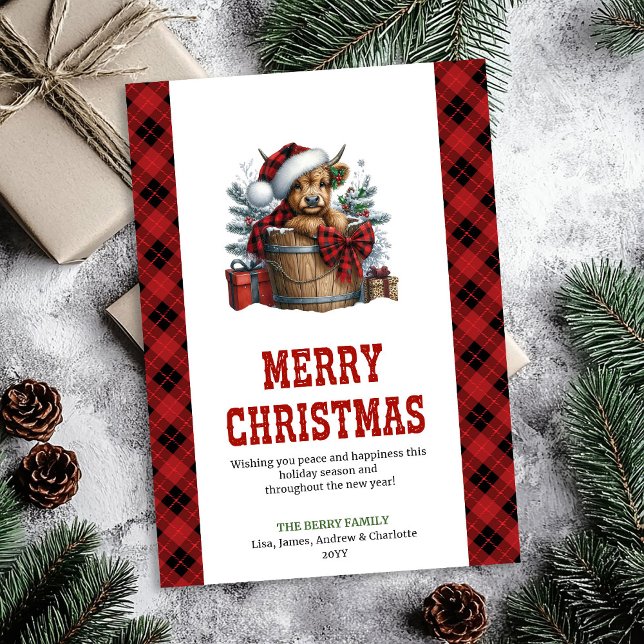 Cartão De Festividades Highland cow Christmas card with holly berries (Highland cow Christmas card with holly berries)