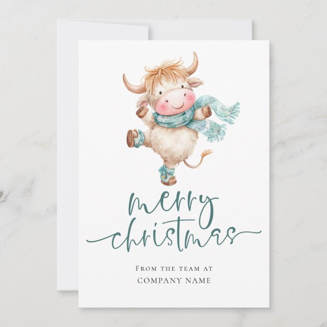 Cartão De Festividades Highland Cow Corporate QR logo Merry Christmas (Frente)