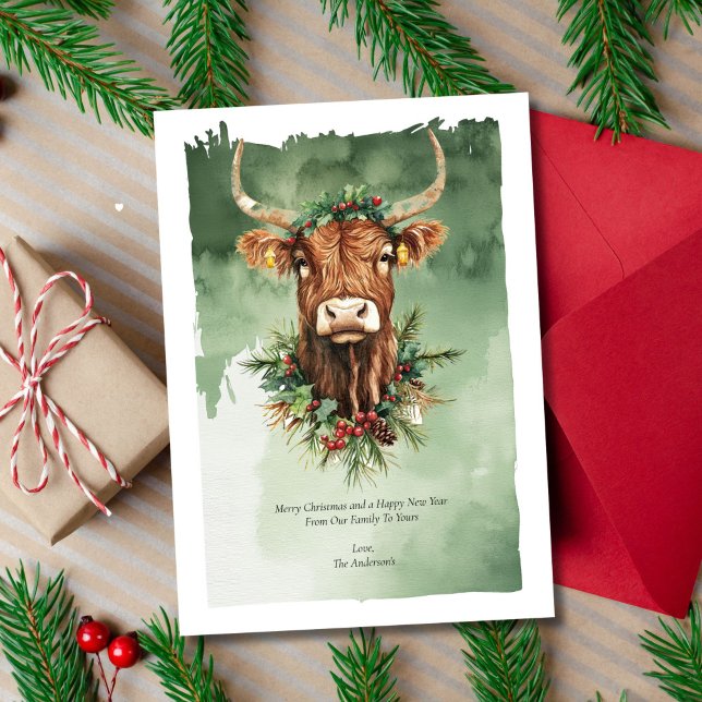 Cartão De Festividades Highland Cow Engraçado Cachorro Cachorro Cáudia Na (Highland Cow Funny Cute Christmas Holiday Card. Digital Download or Printed)