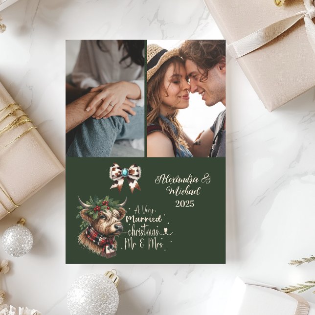 Cartão De Festividades Highland Cow Merry Christmas Mrs and Mr 2 Photo  (Criador carregado)