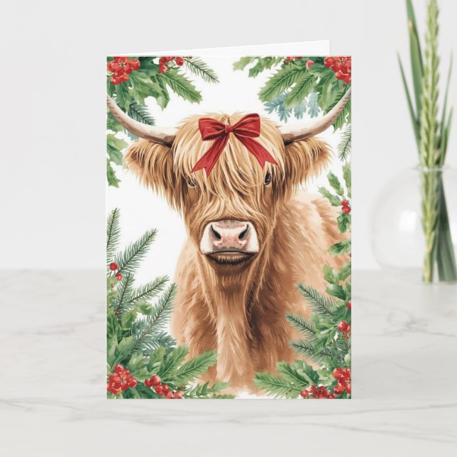 Cartão De Festividades Highland Cow Red Bow Christmas  (Frente)