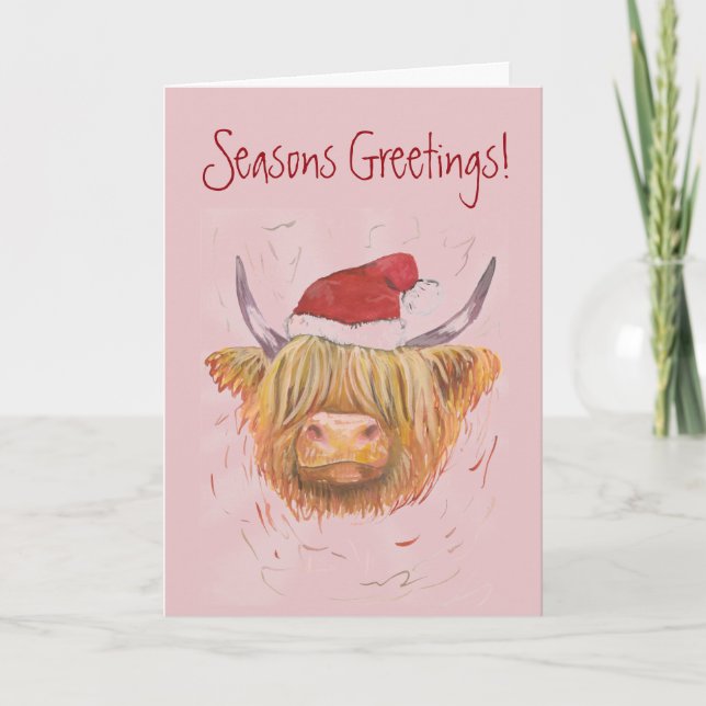 Cartão De Festividades highland cow  wearing Christmas hat pastel pink (Frente)