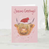 highland cow wearing Christmas hat pastel pink