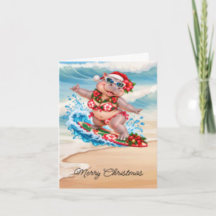 Cartão De Festividades Hipopótamo de biquíni surfando no Natal em prancha