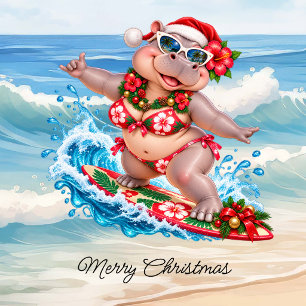 Cartão De Festividades Hipopótamo de biquíni surfando no Natal em uma pra