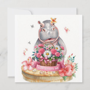 Cartão De Festividades Hipopótamo Feliz Dia das Mães com cesta de flores