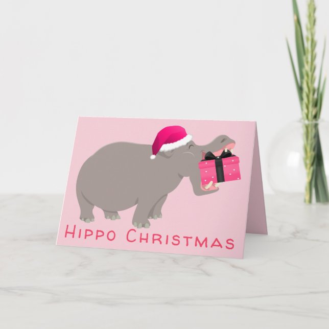 Cartão De Festividades Hippo Christmas in the Pink (Frente)