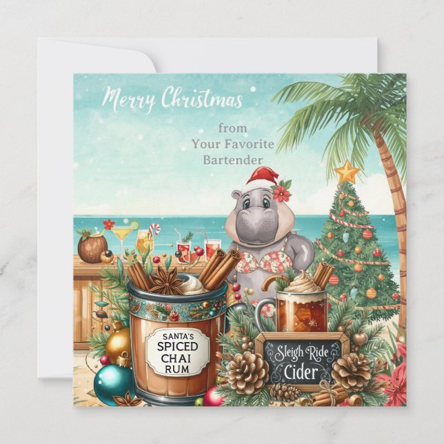 Cartão De Festividades Hippo with Christmas Cocktail Party Greeting Card  (Frente)