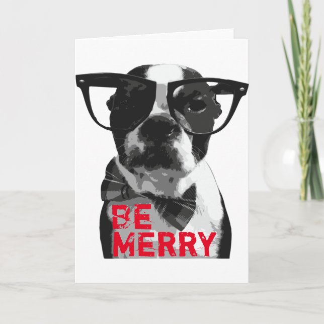 Cartão De Festividades Hipster Boston Terrier Christmas Card (Frente)