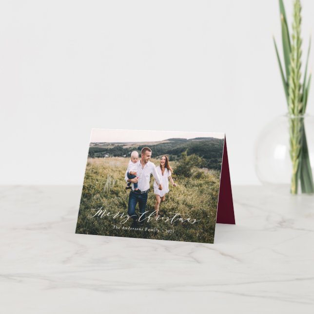 Cartão De Festividades Ho burgundy, guião de Natal mínima elegante (Frente)
