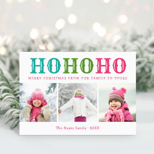 Cartão De Festividades Ho Ho Ho 3 Colagem de Fotos Cores Editáveis Dobr