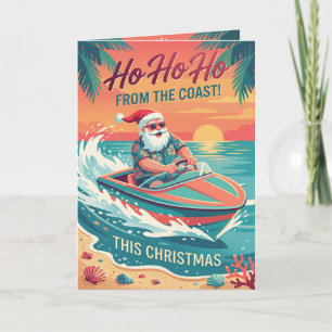 Cartão De Festividades Ho Ho Ho Da Costa Em Barco Veloz Papai Noel