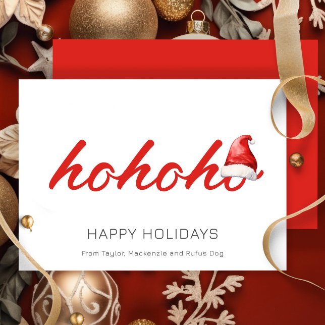 Cartão De Festividades Ho Ho Ho Natal Personalizado (Ho Ho Ho Christmas Personalized Holiday Cards by Ricaso. Santa hat red & white simple cards)