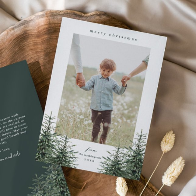 Cartão De Festividades Hol de Natal de Pinheira pintada à mão Elegante (Elegant hand painted pine trees photo Christmas holiday cards. )