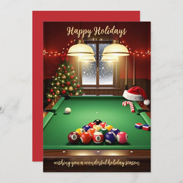 Cartão De Festividades Holiday Billiard player Christmas Cards (Frente/Verso)