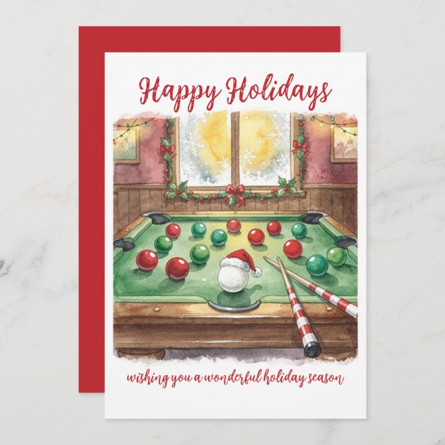 Cartão De Festividades Holiday Billiard player Christmas Cards (Frente/Verso)