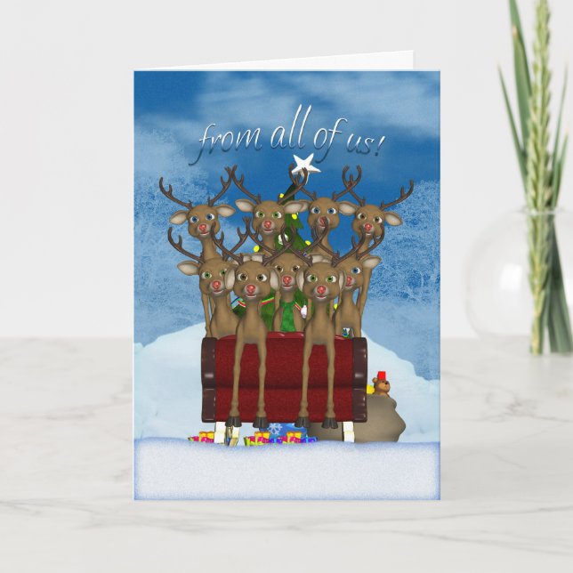 Cartão De Festividades Holiday Card From All Of Us - Reindeer In Sleigh (Frente)